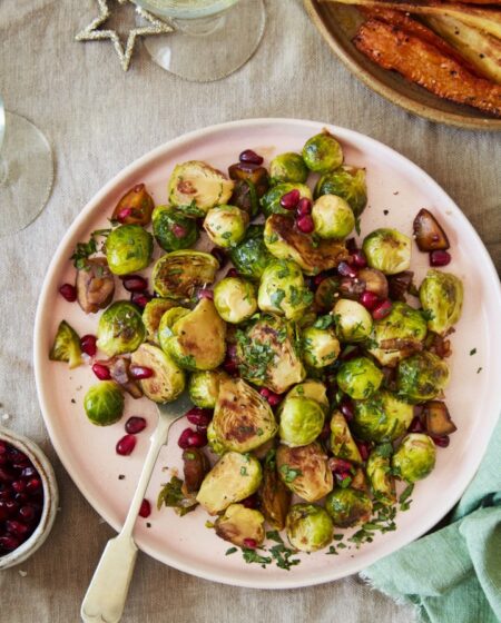 Balsamic Braised Brussels Sprouts with Chestnuts & Pomegranate Recipe