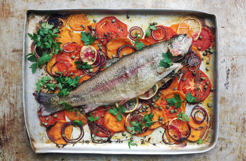 Baked Trout on a Bed of Vegetables Recipe