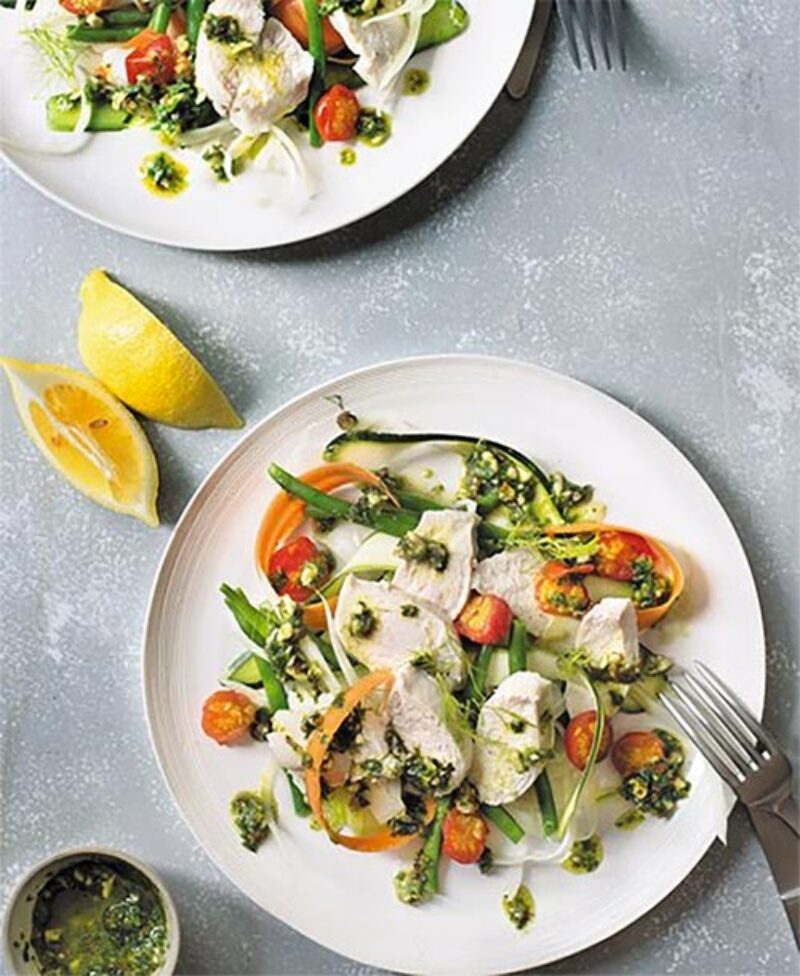 Poached Chicken, Crunchy Vegetables & Herb Dressing Recipe