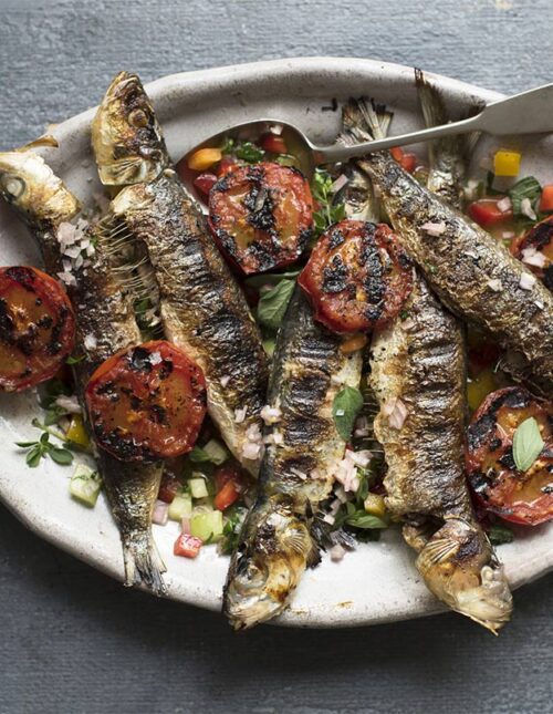 Grilled Sardines & Tomatoes with Crunchy Herb Dressing Recipe