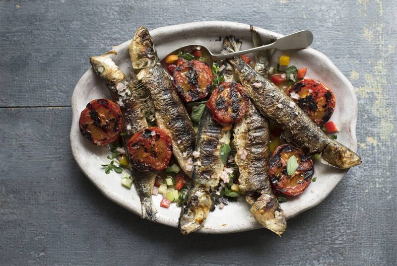 Grilled Sardines & Tomatoes with Crunchy Herb Dressing Recipe