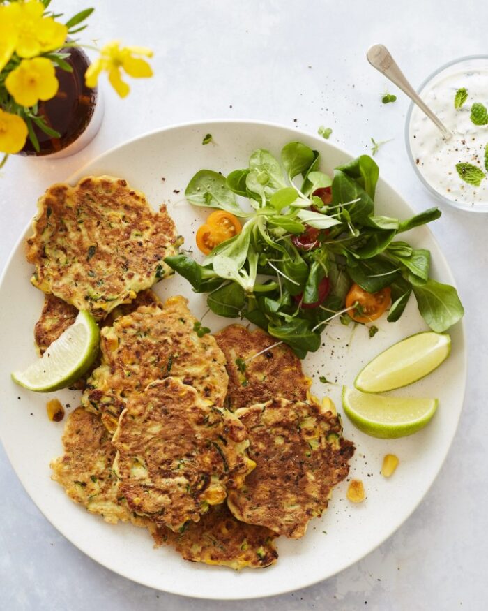 Courgette and Sweetcorn Fritters with a Yoghurt & Herb Dip Recipe